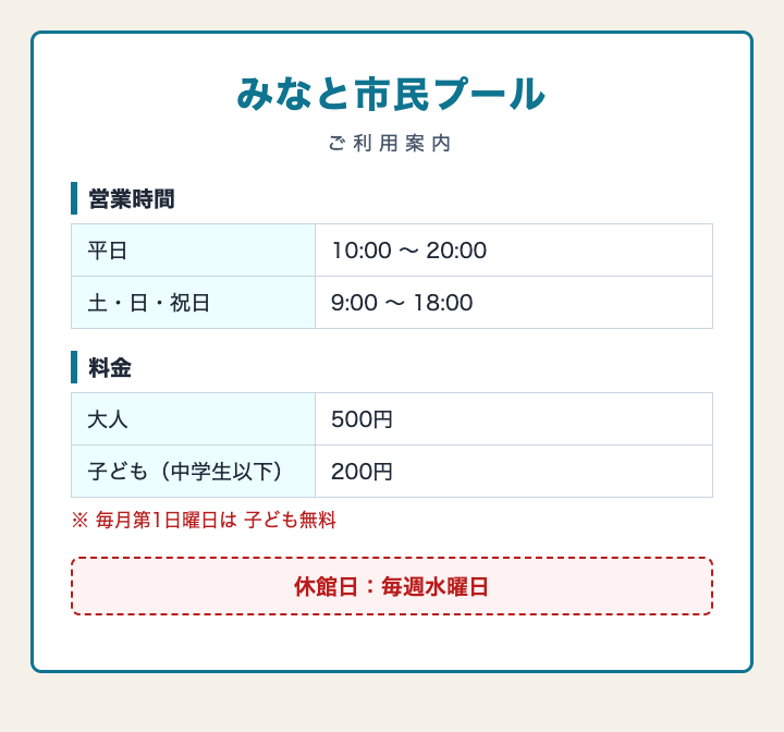 みなと市民プール利用案内：営業時間 平日10:00〜20:00、土・日・祝日9:00〜18:00。料金 大人500円、子ども（中学生以下）200円、毎月第1日曜日は子ども無料。休館日 毎週水曜日。